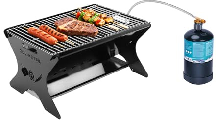 QuliMetal Bärbar campinggrill – vikbar kol/gasgrill med bärväska | kraftig backpacking BBQ och eldstad grill för utomhusmatlagning, camping, baklucka, uteplats och trädgård