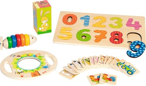 goki 6583 Presentset äventyr natur – 5-delat pedagogiskt leksaksset för barn från 2 år med XL-förstoringsglas, nummerpussel, memospel bondgård, kubpussel djur och trådspel fisk Felix