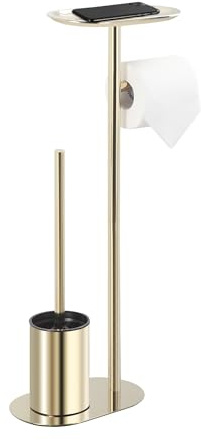 BGL Juego de escobillas de inodoro de pie de acero inoxidable dorado – Escobilla de inodoro y escobilla de baño con soporte para papel higiénico 3 en 1 con estante, diseño moderno
