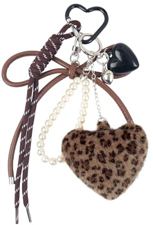 Fycyko Porte-clés Motif Léopard Cœur en Peluche Porte-poches pour Sac Charms Auto Porte Clés Peluche en Cute Forme de Nœud Mignon pour Femmes et Filles,Marron