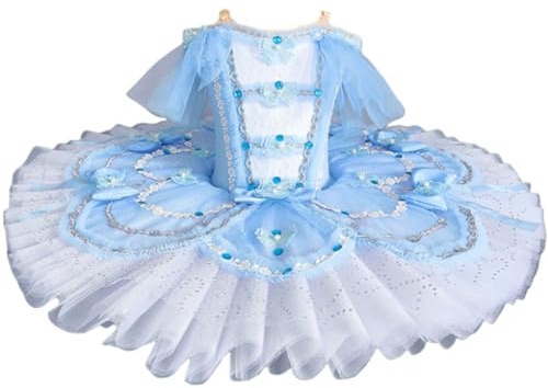 Flickbalett Tutu, Barn Svansjön Ballerina Pannkaka Broderad Fat Tutu Ballerina Kostym Festklänning,Blue,110
