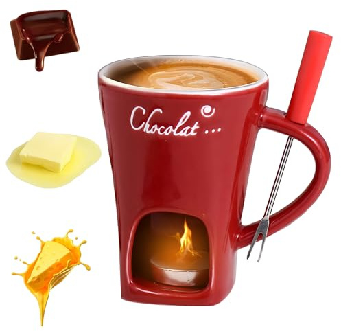 Chocolate Fondue Cup, Ceramic Coffee Chocolate Fondue Mug, Sweet Melting Cup Set with Forks, Mini Melting Fondues Pot for Date Nights Valentines Birthday Wedding (Red)