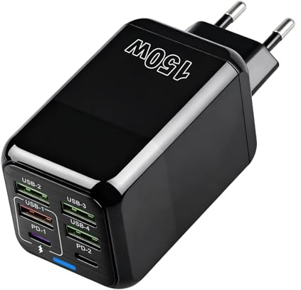 Cargador USB150W con 6 Puertos (2 USB-C PD + 4 USB-A) Estación de Carga Rápida Compatible con iPhone 16/15/14/13, para Samsung Galaxy, iPad, Huawei, Tablet，Otros Dispositivos USB,Negro