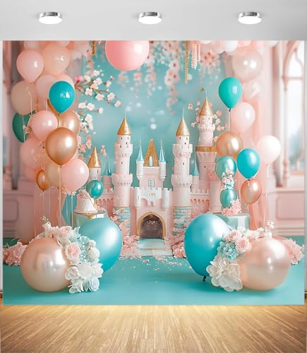 Toile de fond château rose pour photographie – Toile de fond pour arche de ballons princesse avec motif floral fantastique, toile de fond pour fête de princesse pour anniversaire, fête prénatale et