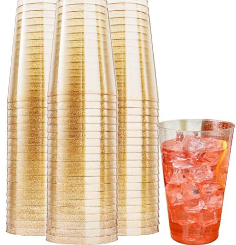 Sunshinestar 50 st plastmuggar, 300 ml, hård plast, festmugg med guldglitter, återanvändbar plastdryckesbägare, cocktailglas för whiskypudding, mousse, fest, bröllop, strand och picknick