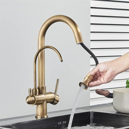 Antique Brass 3 Way Kitchen Tap with Pull Out Spray, Dual Handle Swivel Sink Mixer Tap for Hot Cold & Drinking Water Filter