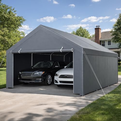 Monucep Zeltgarage Carport 4x6m Garagenzelt Wasserdichtes mit robuster PE Plane, Lagerzelt UV-beständig, Stabiler Stahlrohrkonstruktion, Weidezelt Unterstand für Auto, LKW, SUV, PKW, Grau