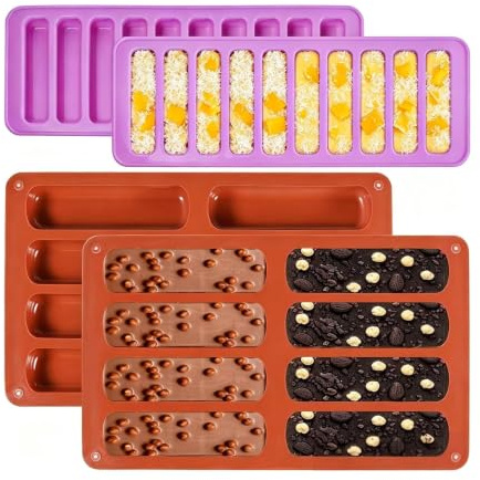 4PCS Silicone Granola Bars Mould, Silicone Cake Moulds for Baking 8 and 10 Cavity,Non-Stick Multipurpose Baking Mold for Soap, Bread, Butter & Dog Treats