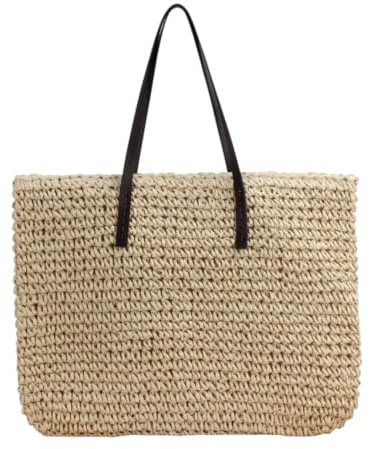Large Straw Woven Summer Beach/Shopper Tote Handbag (Natural Beige)