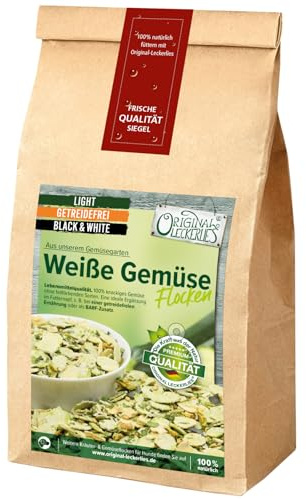 ORIGINAL LECKERLIES® 5kg Weiße Hunde Gemüse-Flocken Black&White, getreidefreie Gemüseflocken, Hundeflocken, Barf Zusatz Hund Hundefutter – Naturprodukt für Hunde