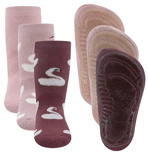EWERS 3-pack svanstoppsstrumpor SoftStep, strumpor med halkfri sula för flickor, halkfria strumpor med gummisula, tillverkade i Tyskland, 3 par halkfria barnstrumpor, ljus vild rosa/maron, 19-20 EU