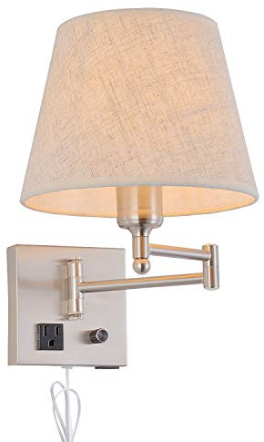 Bedside Wall Mount Light with Dimmable Switch and Outlet, Swing Arm Fabric Shade Wall Sconce Light with USB Port and Plug in Cord, Satin Nickel Wall Lamp for Bedroom, Living Room and Hotel