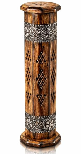 Räucherstäbchenhalter aus Holz und Kegelbrenner, Turm, groß, organisch, umweltfreundlich, Aschefänger, Agarbatti-Halter, rustikaler Stil, handgeschnitzt für Meditation, Yoga, Aromatherapie, Zuhause