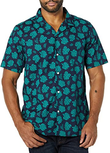 Amazon Essentials Men's Vacation Cotton Button-Down Short Sleeve Resort Shirt, Navy Teal Green Palm Leaf Print, Medium