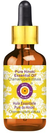 Deve Herbes Pure Hinoki Essential Oil (Chamaecyparis obtusa) Non-Sticky | Non-Greasy | Fresh Woody Aroma | for Aromatherapy, Relaxation, Massage & Diffuser 5ml with Glass Dropper