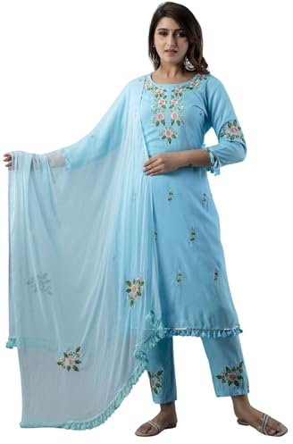 JG Women's Ethnic Wear Collection Rayon Straight Embridered Kurti & Pant Set With Dupatta (US, Alpha, XX-Large, Regular, Regular, Blue)