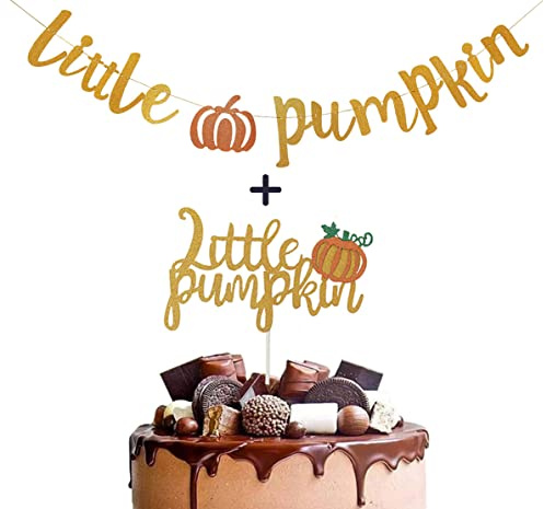 GotGala Little Pumpkin Bannière dorée à paillettes avec petite décoration de gâteau à la citrouille pour anniversaire d'enfant, fête, décoration d'automne, Thanksgiving Little citrouille Baby Shower