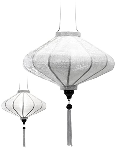 Traditioneller asiatischer Lampion aus Seide, weiß, Durchmesser 39 cm – Laterne von Hoi an aus Stoff, Bambus und Holz, handgefertigt – Dekoration von Asien und Handwerk aus Vietnam (P20-B)