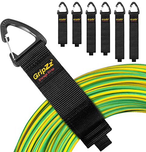 Set di 6 GripZz Organizzatori di Cavi Multifunzionali - Fascette Convenzionali per Garage con Fibbia Triangolare, Ideali per Fili e Tubi in Casa, Officina - Varie Dimensioni (2S, 2M, 2L)