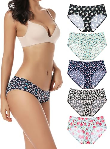 voenxe Seamless Underwear for Women, Hipster No Show Ladies Panties, Full Coverage Breathable Bikini Briefs, Invisible Comfortable Workout Undies, Soft Mesh Moisture Wicking Athletic, 5 Pack
