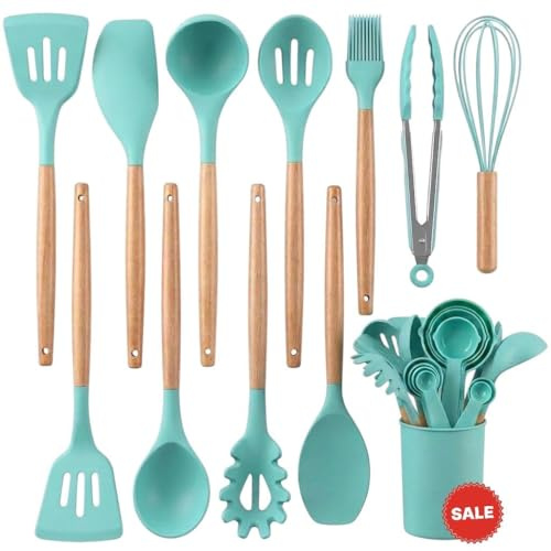 AHASON Large Size 22pc Mint Green Silicone Cooking Utensils Set with Holder — Heat Resistant Kitchen Tools, Wooden Handles, Measuring Cups, Spoons & Hooks — Non-Stick, BPA-Free