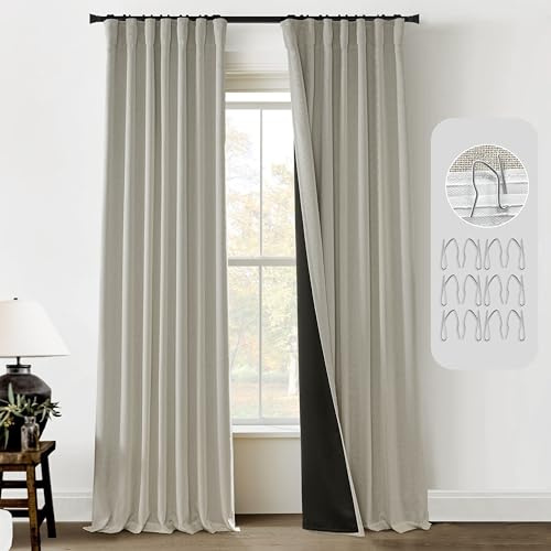 Greige Neutral Linen Blackout Curtains - Thermal Insulated Thick Lined Drapes 84 Inch Length 2 Panels Set
