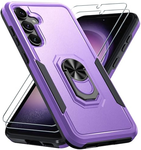 Janmitta Compatible with Samsung Galaxy S23 FE Case with 2 Pcs Screen Protector,Heavy Duty Shockproof Full Body Phone Cover Built in Metal Ring Holder Kickstand,2023 Lavender