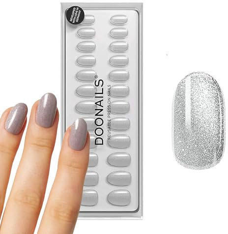 DOONAILS – Soft Gel Press On Nails 30er Set Grey Cateye abgerundete Form Silber – Nägel zum Aufkleben Full Cover in Salonqualität – Fake nails soft gel Medium – Natürliches & angenehmes Tragegefühl
