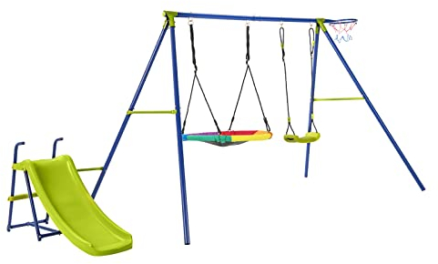 KOMFOTTEU Set di Altalene da Giardino per Bambini 3-10 Anni, Seggiolino Altalena Bambini 4 in 1 con 2 Altalene, Scivolo e Canestro da Basket, Scivolo e Altalena per Uso Esterno e Interno