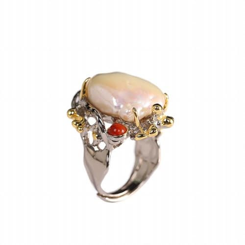 Perlenring S925 Silber Schmuck Stil Offener Ring mit Vergoldetem Schwarzem Gold, KEDDJI, Ring