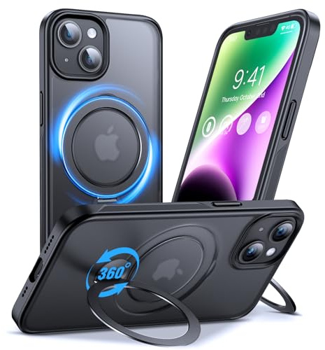 Anqrp 360° All-in-ONE Stand Case for iPhone 14/13 Case with Rotatable Magnetic Kickstand Ring Holder, Compatible with MagSafe, Shockproof Translucent Matte Phone Cover for iPhone 14/13, Black