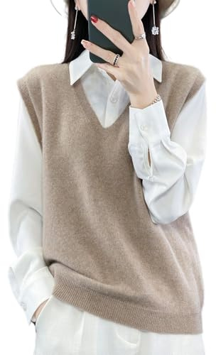 Ailaile Gilet in maglia da donna con scollo a V, 100% lana merino leggera, senza maniche, pullover basico, top corto, Cammello, S