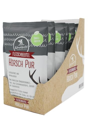 Nordheld Fleischbeutel Hirsch Pur | Hypoallergenes Hundefutter mit Hirsch als einziger tierischer Eiweißquelle | Super Premium Nassfutter für ausgewachsene | 6 x 400 g