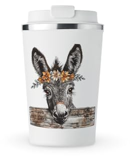 MAXIKIWI - Insulated Double Walled, Leakproof Stainless Steel Mug, Coffee or Tea Travel Tumbler with Lid, Keep Drinks Hot and Cold - Cute Farm Donkey - 350ml