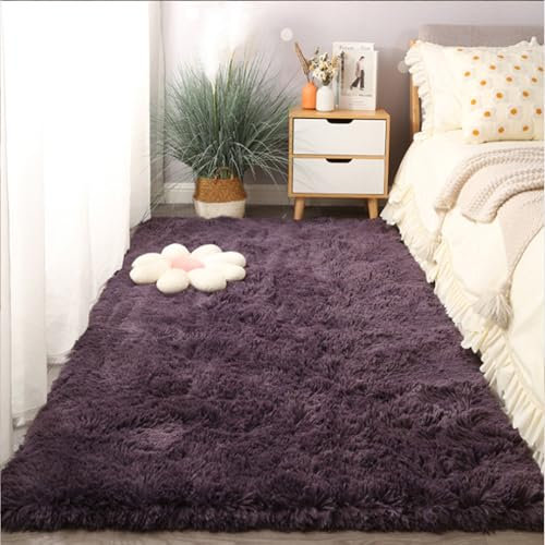 CUIMEI Teppich Wohnzimmer Shaggy 80 x 170 cm, Anti-Rutsch Unterseite, Waschbar Bis 30 Grad, Super Soft, Felloptik, Einfache Reinigung, Teppich Fellteppich Rund, grau lila