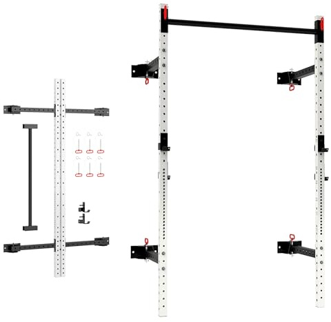 Soozier Supporto pieghevole da parete per squat con barra per trazioni, capacità di 453,6 kg, supporto regolabile per bilanciere con ganci a J per allenamento completo in palestra a casa, bianco