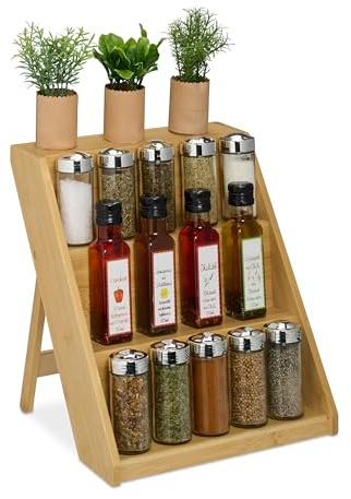 Relaxdays Étagère à épices en Bambou, H x L x P : 29,5 x 30 x 26 cm, 3 Organisateur en Bois, Rangement Debout, Naturel