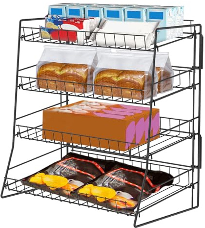 4 Tier Candy Display Rack, Metal Snack Rack Display Stand, Countertop Organiser Shelf for Packaged Crisps & Fruits, Tiered Wire Basket Shelf for Retail Stores Kitchen Office