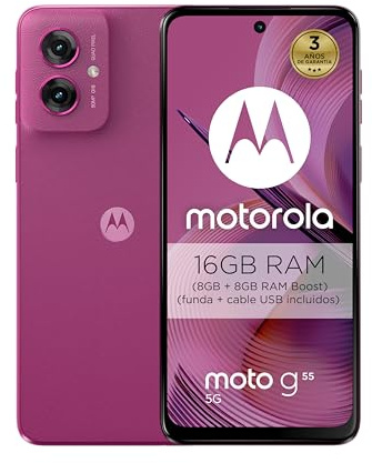 Motorola, Moto g55, 16GB (8GB+8GB RAM Boost)/256GB Rosa, Pantalla 6.5 Full HD+ y Dolby Atmos, Sistema de cámara de 50 MP con OIS, batería 5000 mAh, Carga TurboPower 30W, Acabado Soft Luxe