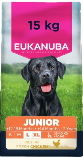 Eukanuba Junior färsk kycklingtorrfoder för stora raser, premium torrfoder för fullväxande hundar, 15 kg