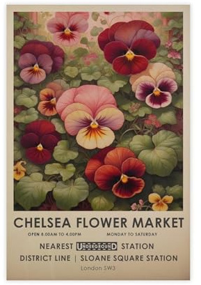 Chelsea Flower Market Print, William Morris Print, Vintage Red Floral Print, Pansies Botanical Print, Red Botanical Wall Art, Gift Canvas Poster Wall Art Decor Print Picture Paintings for Living Room