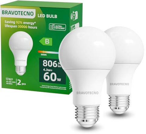bravotecno Ampoule E27 LED, Classe Énergétique B, Ampoule E27 Blanc Chaud 3000K, 4,3W 806LM A60, Équivalent à 60W, Angle de Faisceau 360°, Non-Dimmable, Chaleur Faible & Durable, Lot de 2