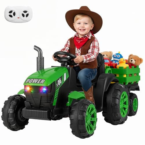 Maxmass Kids Ride on Tractor and Trailer, 24V Battery Powered Electric Toy Car with Headlights, Music, USB, Dual Motors Children Ride on Bulldozer Construction Vehicle for 3-7 Years Old (Dark Green)