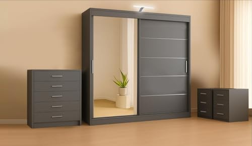 RAC3 Modern Bedroom Furniture Storage Set: Modular Wardrobe with LED, Chest of Drawers & Bedside Tables – Flexible Storage Solutions & Multiple Sizes (Wardrobe, Chest of Drawers, 2 Bedsides, 150 cm)