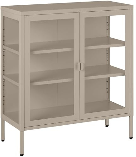 tectake® Vitrinskåp i urban metall design, elegant glasvitrin med justerbara hyllplan, glasdörrar med magnetlås, stabil stålram & hög markfrigång, för vardagsrum & matsal - Taupe