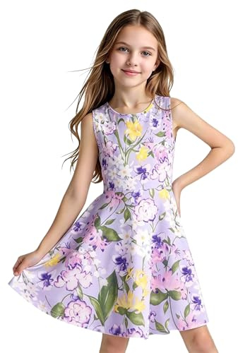 VVNTY Vestito da bambina con stampa floreale, stile casual, senza maniche, estivo, 5-12 anni