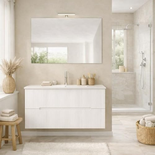 Kiamami Valentina Mobile Bagno Sospeso 100 cm Bianco Cannettato Magnolia | Base 2 cassetti in legno nobilitato e MDF, lavabo ceramica bianca, già assemblato, stile moderno