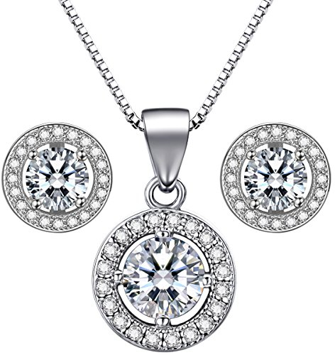 Lydreewam Schmuckset Silber 925 Damen Ohrstecker Ohrringe 18 Anhänger Halskette mit 3A 6mm Zirkonia