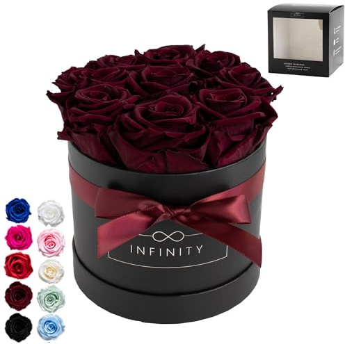 Infinity Flowerbox - 9 echte Infinity Rosen (3 Jahre haltbar ohne Wasser) - Mit Geschenkverpackung I Handgefertigt in Berlin I Geschenk für Frauen (DunkelrotenRosen in schwarzer Rosenbox)