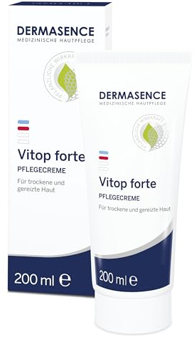 DERMASENCE Vitop forte Pflegecreme, 200 ml - Hautschützende Basispflege bei trockener und zu Neurodermitis neigende Haut - Entzündungen vorbeugend - mit Wirkkomplex aus Färberwaid und Aloe Vera